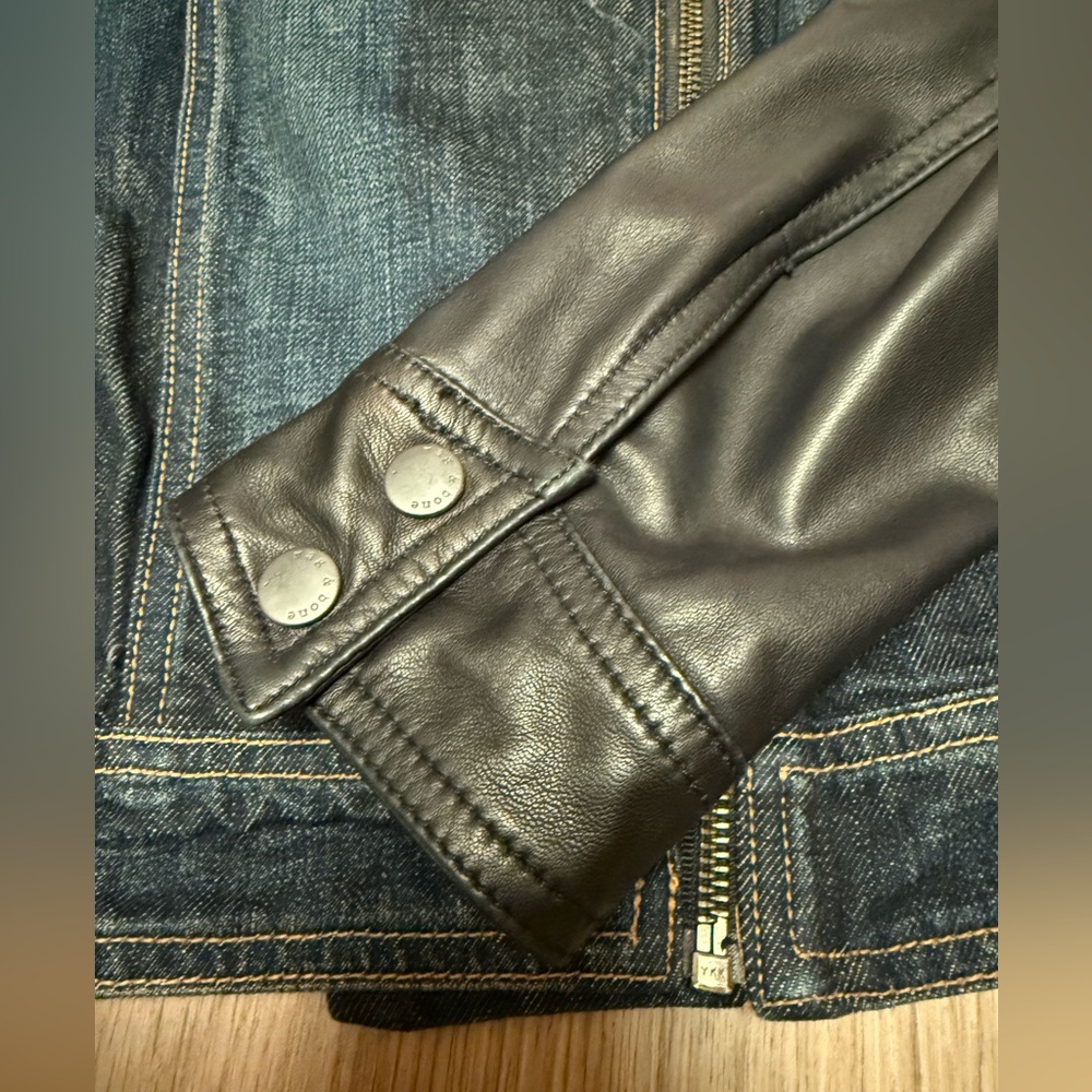 Rag & Bone Zip Front Leather Sleeve Moto Dark Denim Jean Jacket - Picture 6 of 10